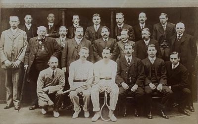 A group at a tennis match at Petworth in 1911, with players and spectators