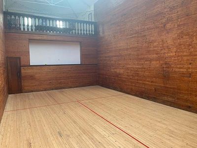 The squash tennis court with its spectators' gallery