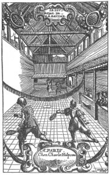 Engraved title page of Hulpeau's rules of 1592, showing two players with rackets on an early court